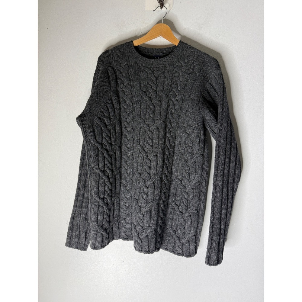 Gap vintage charcoal Grey Cable Knit Sweater 100% Lambswool Crew Neck Pullover M